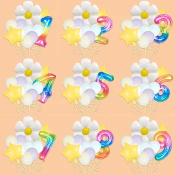 11 Kos Folije White Daisy Cvetje in Latex Baloni Nastavite s Folijo 0-9 Mavrica Število Balonov Otroci Rojstni dan Odlikovanja Slike