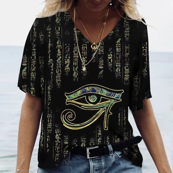 2023 Nove Ženske Proti-vrat T-shirt Ulica Retro Egipt Oči Tiskanja Ženske Hip Hop Visoke Mode V-neck Top Svoboden Kratek Rokav Priložnostne Slike