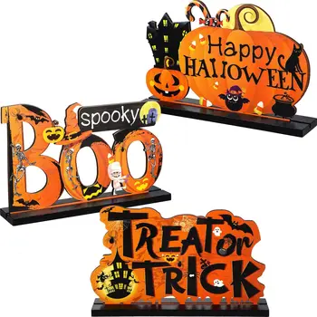 3 Halloween Tabelo Okraski, Bučna Tabela Centerpieces Boo Prijavite Lesene Sladkarije Dan za Halloween Party Pokrivalo Stopnje Soba Dekor Slike