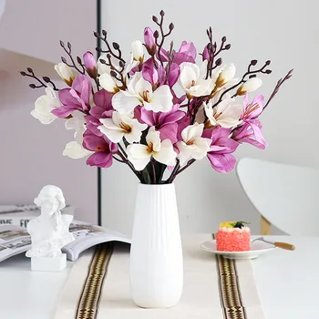 5 Veje Svile Umetno Cvetje Bela Orhideja, Magnolia Šopek Cvetja za Dom Tabela Poroko Božični Okraski, Ponaredek Cvet Slike