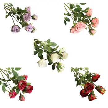 6 Glav Pravi za Dotik Umetno Svilnato Rose Cvetje Ponaredek Zeleni Listi, Letnik Poročne Wddding Šopek Doma Vrt Stranka Rekviziti Slike