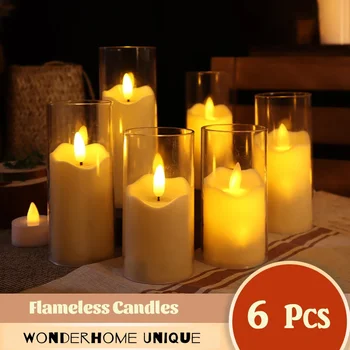 6Pcs Led Brezplamensko Električni Sveče Svetilka iz Akrilnega Stekla je Baterija Utripanja Ponaredek Tealight Sveča Razsutem stanju za Poroko Božič Slike