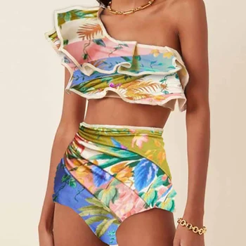 Ena Ramenski Ogrlicom Colorblock Print Bikini Žensk Povoj Kopalke Bikini Komplet Brazilski Cvjetnim Tiskanja Tie Dye Perilo Modrc Slike
