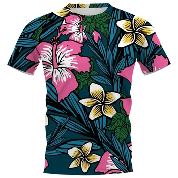 HX Modni Moški T-shirt Havajih Polinezija Tropskih Rastlin Hibiscus Frangipani Natisnjeni Tees Plaži Vrhovi Moških Oblačil Dropshipping Slike