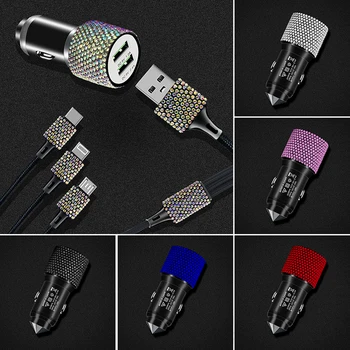 Kristalno Diamond 5V 2.4 Dvojno USB Avto Polnilec + Treh Na En Podatkovni Kabel za iPhone, Android Tip-C Telefona Avto Dodatki za Ženske Slike