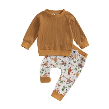 Malčka Fant Jeseni Zahodna Oblačila z Dolgimi Rokavi Majica Goveda Vzorec Hlače 2Pcs Priložnostne Obleko, Slike