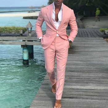 Najnovejše Beach Poroka Obleke za Moške Slim Fit Pink Poroka Oblek Obleko Groomsmen Najboljši Človek Stranka Jopičem 2 Kosa Kopalke Homme Slike