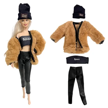NK 1 Komplet Modni lutka ulica slog obleke pozimi: cool črno pleteno kapo+plašč+suknjič+hlače Za Barbie Lutka 1/6 Dodatki Slike