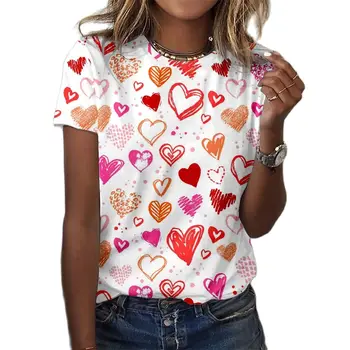 Poletje Womens T-shirt 3D Ljubezen, Tiskanje Kratek Rokav Vrhovi Priložnostne Vsakdanjo Majica Za Ženske Tees Harajuku Prevelik Oblačila Slike