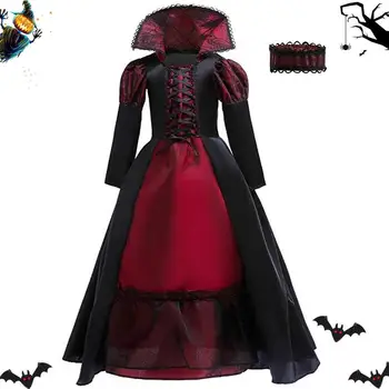 Vampire Queen Kostum Za Dekleta Vampir Kostum Halloween Kostumi Za Otroke Z Ogrlico Srednjeveške Gotike Čarovnice Obleko Gor Za Otroke Slike