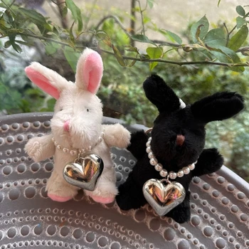 Čudovit Biseri Zajec obesek za ključe, Black/White Rabbit keychain s Srcem Obesek Slike