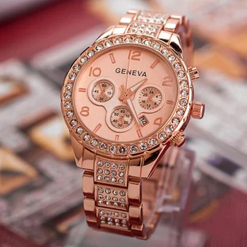 Ženeva Gledam Ženske Luksuzni Diamant Ure Rose Zlata Polno Jeklenih Auto Datum Kvarčne Ročne Ure Ženske Relogio Feminino Reloj Mujer Slike