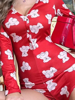 Ženska Božična Romper Seksi Pižamo Pjs Splošno Medved Tiskanja Henley Jumpsuit Hlače Sleepwear Slike