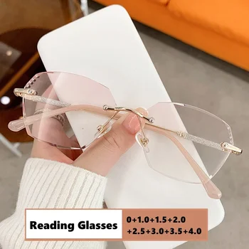 Ženski Luksuzni Rimless Obravnavi Očala Modni Retro Daleč Pogled Dioptrije Očala Kvadratnih Gradient Anti-modra Svetloba Presbyopia Slike